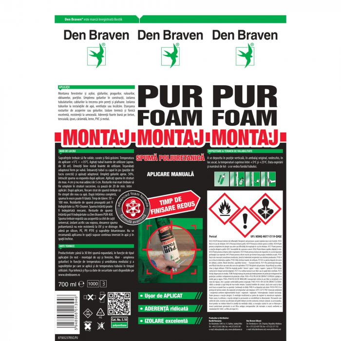 Spumă Poliuretanică Den Braven Gun Foam Extra 750 ml - Aplicare cu Pistol, Izolare Rosturi Ferestre, Uși, Pereți [2]