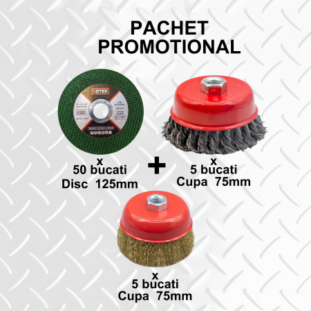 Perii de Sarma Cupa FLEX - Set 50 Discuri Tăiat Metal 125 mm + 5 Perii Sarma Ondulata + 5 Perii Sarma Impletita Cupă Ø75 mm Flex | Pachet Basic