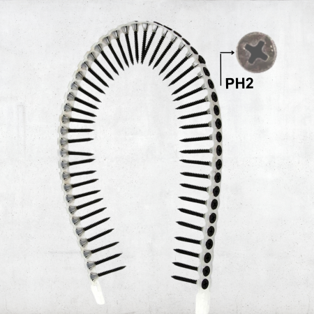 Negrese-Surub Gipscarton Filet Des Metal - Șuruburi Autofiletante Gips Carton în Benzi SUPERFIN 3.5x25mm PH2, Cap Înecat, Fosfatate – 1000 buc