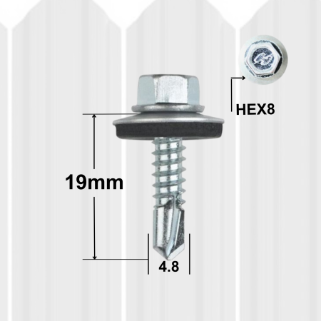 Surub Acoperis Cap Hexagonal - Șuruburi Autoforante 4.8x19mm Zincat  250 Buc  EPDM