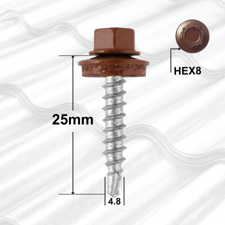 Surub Acoperis Cap Hexagonal - Suruburi Autoforante 4.8x25mm Maro RAL8017, Saibă – 250buc/cutie, Cap Hexagonal