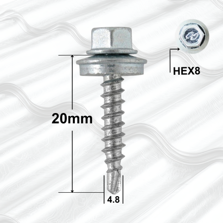 Surub Acoperis Cap Hexagonal - Suruburi Autoforante 4.8x20mm Zincat, Saibă – 250buccutie, Cap Hexagonal
