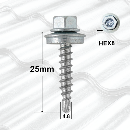 Surub Acoperis Cap Hexagonal - Suruburi Autoforante 4.8x25mm Zincat, Saibă – 250buc/cutie, Cap Hexagonal
