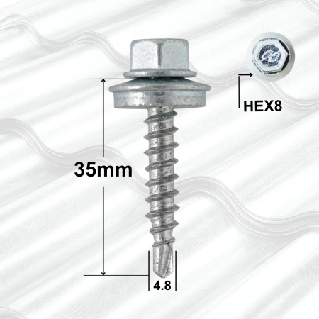 Surub Acoperis Cap Hexagonal - Suruburi Autoforante 4.8x35mm Zincat, Saibă – 250buc/cutie, Cap Hexagonal