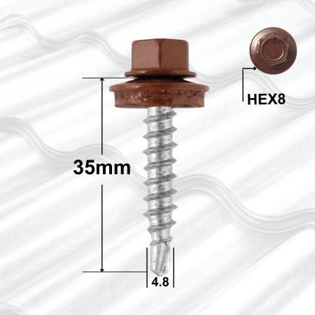 Surub Acoperis Cap Hexagonal - Suruburi Autoforante 4.8x35mm Maro RAL8017, Saibă – 250buccutie, Cap Hexagonal