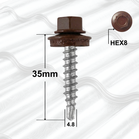 Surub Acoperis Cap Hexagonal - Suruburi Autoforante 4.8x35mm Maro RAL8019, Saibă – 250buccutie, Cap Hexagonal