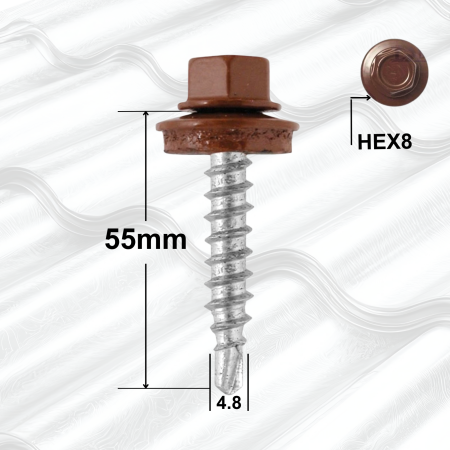 Surub Acoperis Cap Hexagonal - Suruburi Autoforante 4.8x55mm Maro RAL8017, Saibă – 200buccutie, Cap Hexagonal