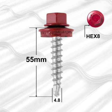 Surub Acoperis Cap Hexagonal - Suruburi Autoforante 4.8x55mm Rosu RAL3011, Saibă – 200buccutie, Cap Hexagonal