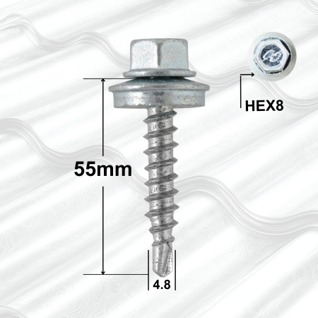 Surub Acoperis Cap Hexagonal - Suruburi Autoforante 4.8x55mm Zincat, Saibă – 200buccutie, Cap Hexagonal