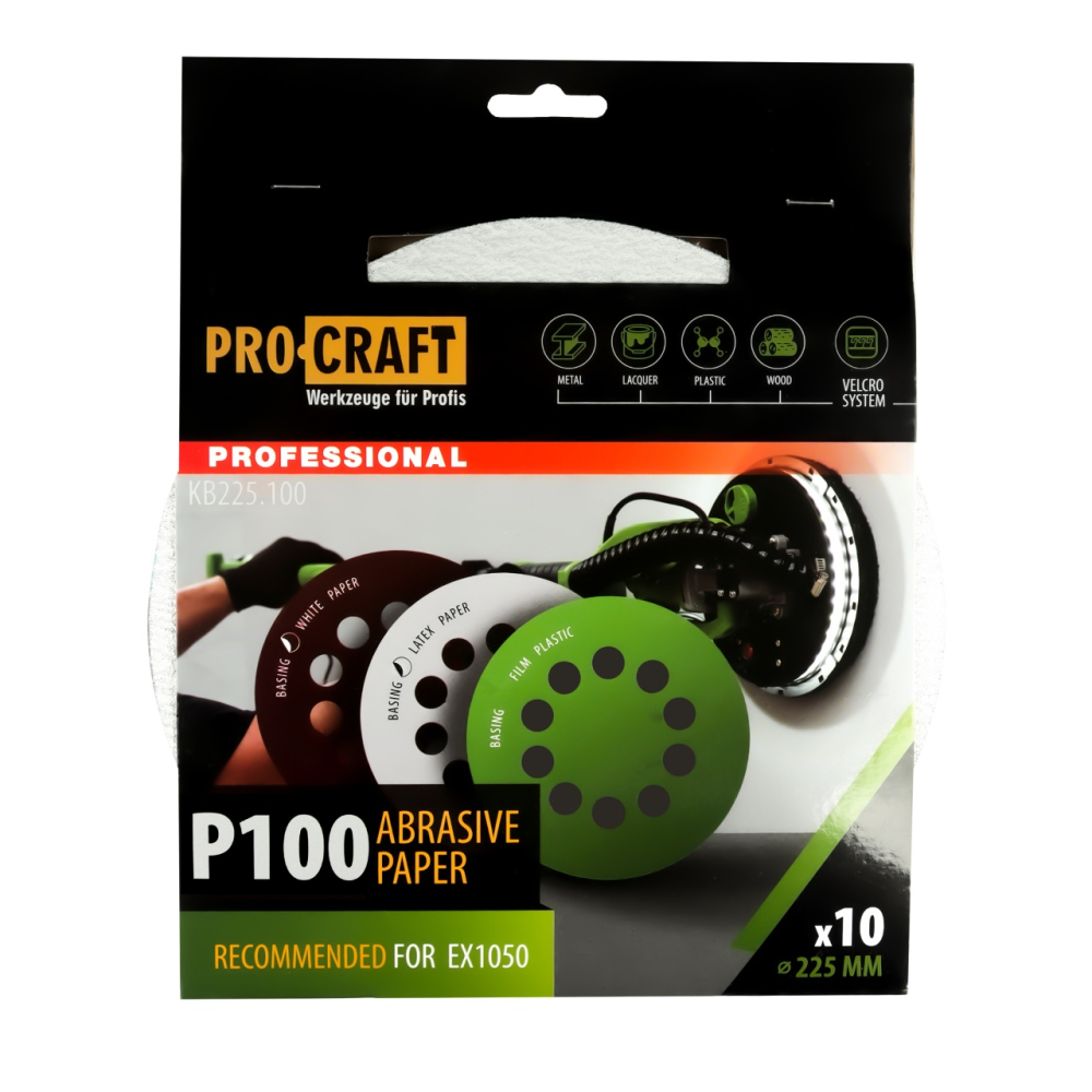 Disc abraziv pentru slefuitor cu excentric KB225.100 PROCRAFT (Set 10 buc) Diametru: 225 mm, Granulatie: P100 [1]