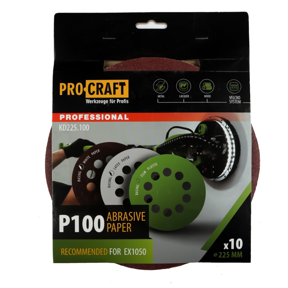 Disc abraziv pentru slefuitor cu excentric KD225.100 PROCRAFT (Set 10 buc) Diametru: 225 mm, Granulatie: P100 [1]