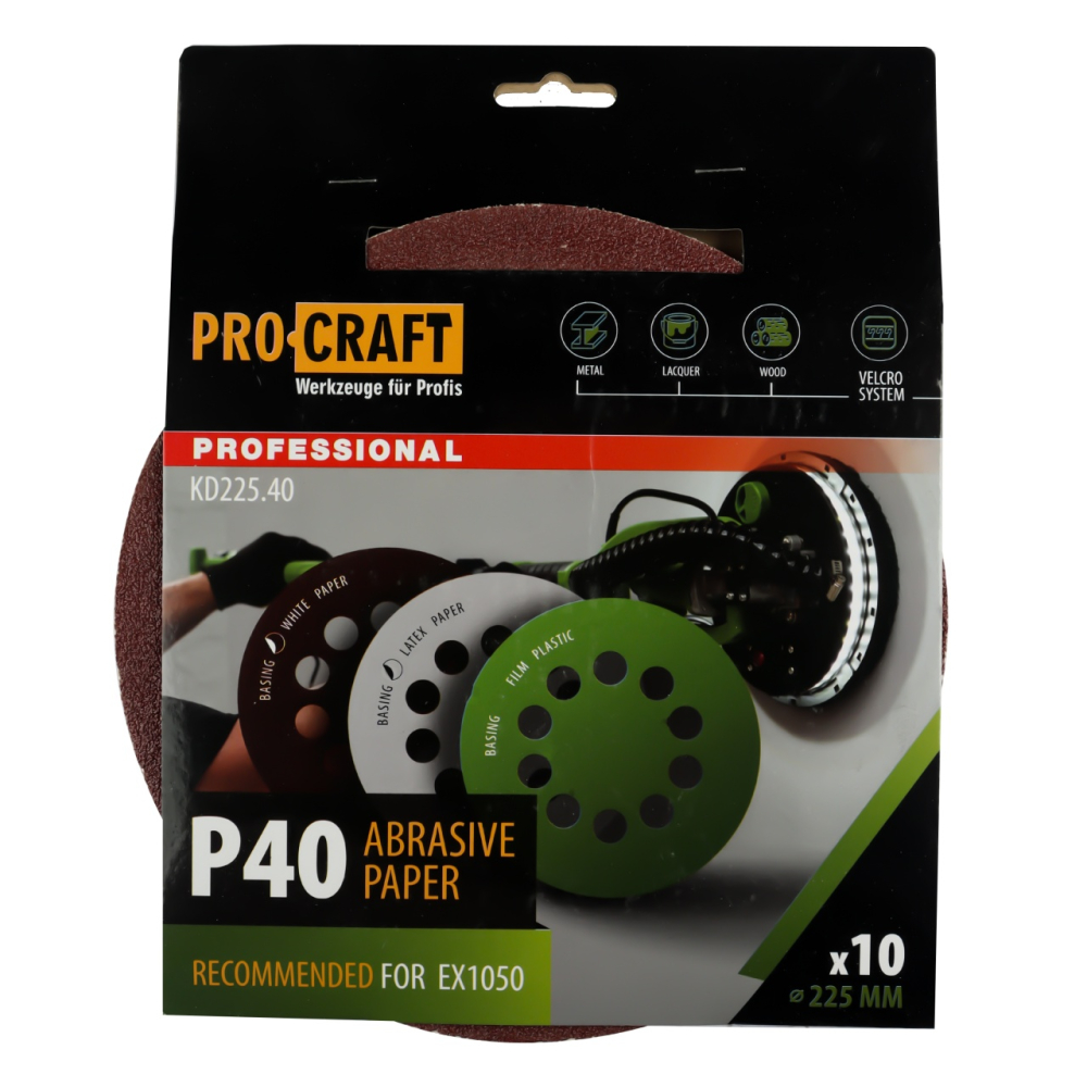 Disc abraziv pentru slefuitor cu excentric KD225.40 PROCRAFT (Set 10 buc)Diametru: 225 mm , Granulatie: P40 [1]