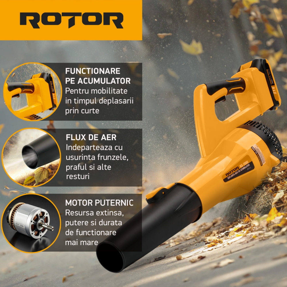 Suflantă aer pe acumulator ROTOR RS-2000 cu 1 acumulator 21V / 2Ah si incarcator ROTOR [6]