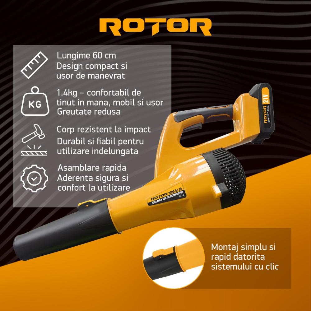 Suflantă aer pe acumulator ROTOR RS-2000 cu 1 acumulator 21V / 2Ah si incarcator ROTOR [5]