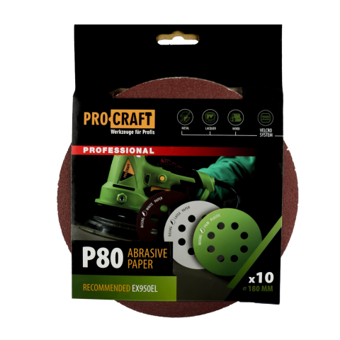Discuri abrazive - Disc abraziv pentru slefuitor cu excentric KD180.80 PROCRAFT (Set 10 buc) Diametru: 180 mm Granulatie: P80