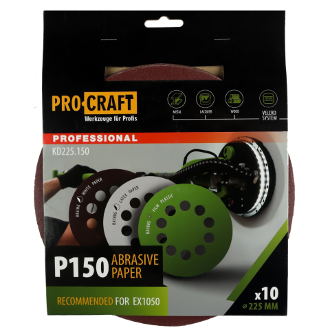 Discuri abrazive - Disc abraziv pentru slefuitor cu excentric KD225.150 PROCRAFT (Set 10 buc)Diametru: 225 mm Granulatie: P150