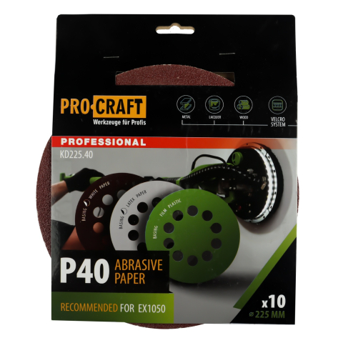 Discuri abrazive - Disc abraziv pentru slefuitor cu excentric KD225.40 PROCRAFT (Set 10 buc)Diametru: 225 mm , Granulatie: P40