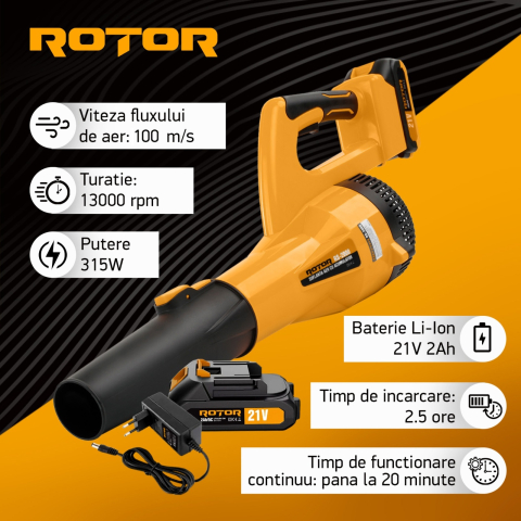 Suflantă aer pe acumulator ROTOR RS-2000 cu 1 acumulator 21V / 2Ah si incarcator ROTOR [3]