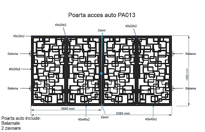 Poarta acces auto din tabla decupata (traforata CNC) cu laser, PA013 , 1680 X 3360 mm, negru [2]