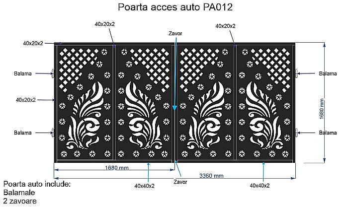 Poarta acces auto din tabla decupata (traforata CNC) cu laser, PA012 , 1680 X 3360 mm, negru [2]