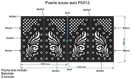 Poarta acces auto din tabla decupata (traforata CNC) cu laser, PA012 , 1680 X 3360 mm, negru [1]