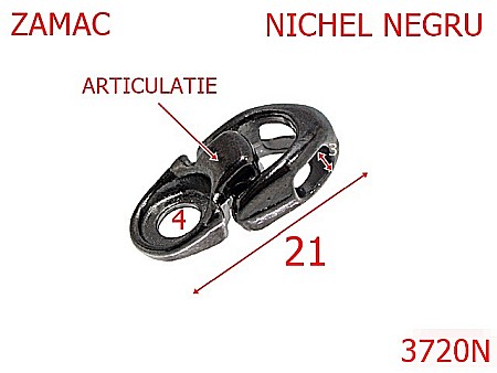 Accesorii metalice pentru marochinarie - 3720N/CARLIG BOCANC CU ARTICULATIE-7-mm---nichel negru-21 D 3----