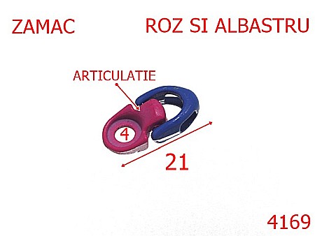 Accesorii metalice pentru marochinarie - 4169/Carlig siret articulat  inchis ---mm-zamac---roz si albastru-21 D 12----