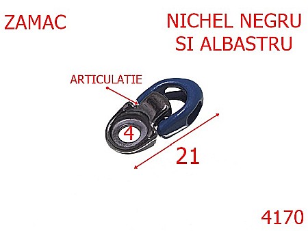 Accesorii metalice pentru marochinarie - 4170/Carlig siret articulat  inchis ---mm-zamac---negru si albastru-21 D 3----
