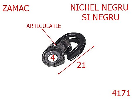 Accesorii metalice pentru marochinarie - 4171/Carlig siret articulat  inchis ---mm-zamac---negru-21 D 12----
