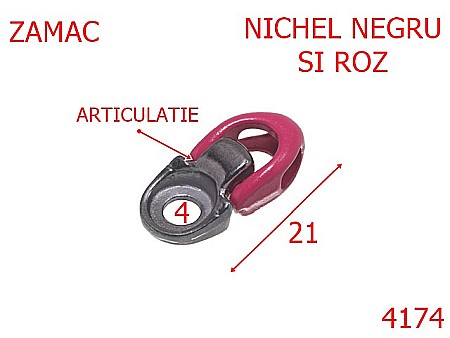 Accesorii metalice pentru marochinarie - 4174/Carlig siret articulat  inchis ---mm-zamac---negru si roz-21 D 2----