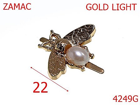 Accesorii metalice pentru marochinarie - 4249G/Ornament albina cu perla alba-22-mm-zamac--gold light -15A8----