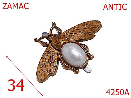 Accesorii metalice pentru marochinarie - 4250A/Ornament albina cu perla alba-34-mm-zamac--antic-15A8----