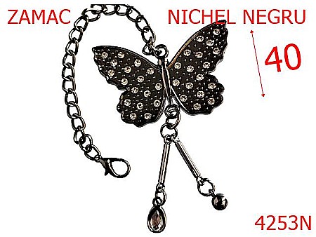 Accesorii metalice pentru marochinarie - 4253N/Ornament cu lant si fluture-40-mm-zamac--nichel negru-21 C 9----