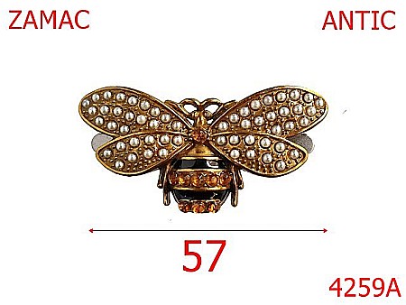 Accesorii metalice pentru marochinarie - 4259A/Ornament albina  perle si pietre-57-mm-zamac--antic-15A8----