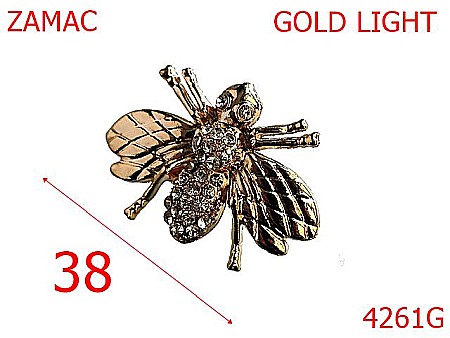 Accesorii metalice pentru marochinarie - 4261G/Ornament albina cu pietre-38-mm-zamac--gold light-15A8----