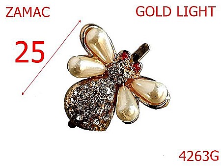 Accesorii metalice pentru marochinarie - 4263G/Ornament albina cu perle si pietre-25-mm-zamac--gold light-15A8----