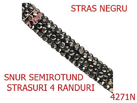 Snur textil - 4271N/Snur semirotund cu 4 randuri de pietre-7-mm-textil si cristale--negru-----