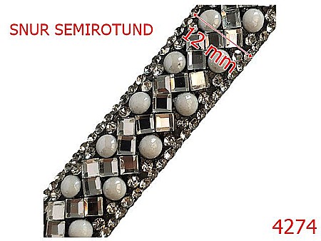 Snur textil - 4274/Snur semirotund cu pietre diverse-12-mm-textil si cristale--nichel-----