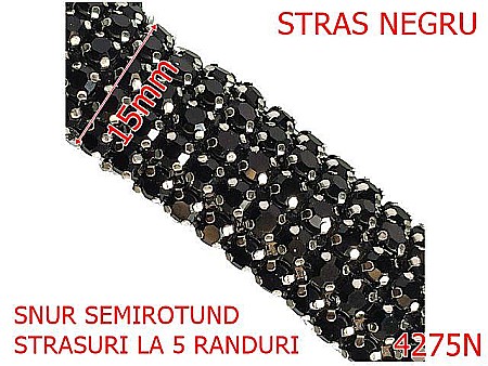 Snur textil - 4275N/Snur semirotund cu 5 randuri de pietre-15-mm-textil si cristale--negru-----