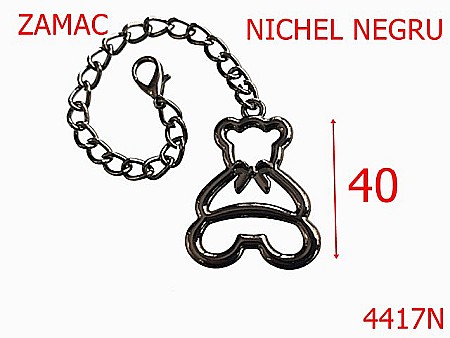 Accesorii metalice pentru marochinarie - 4417N/Ornament cu lant si  ursulet -40-mm-zamac--nichel negru -21 B 1----