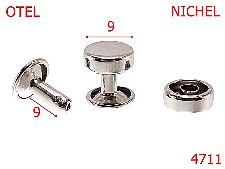Accesorii metalice pentru marochinarie - 4711/Rivet cap  ornamental cilindric -9-mm-otel--nichel-----