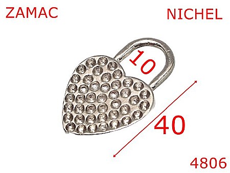 Accesorii metalice pentru marochinarie - 4806/Ornament Inimioara pentru confectii piele-40-mm-zamac--nichel-----