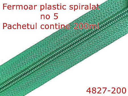 Fermoar - 4827-200/Fermoar plastic spiralat -200 mt-pentru confectii maochinarie-no 5--poliester--verde -----
