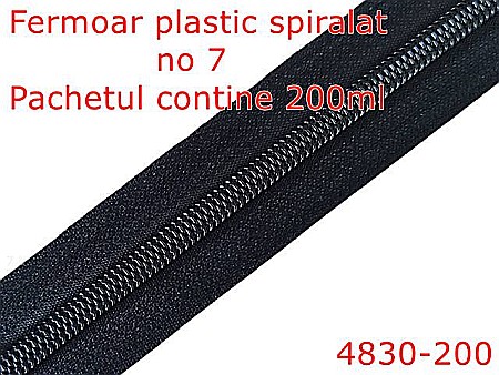 Fermoar - 4830-200/Fermoar plastic spiralat -200 mt-pentru confectii maochinarie-no 7--poliester--negru-----