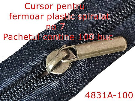Cursori fermoar plastic - 4831A-100/Cursor 100 buc-fermoar spiralat din plastic-no 7--zamac--antic-----