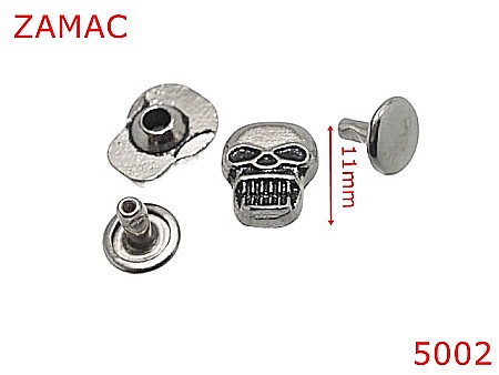 Accesorii metalice pentru marochinarie - 5002/Ornament cap de mort cu rivet fixare-11-mm-zamac--nichel-Ai14-Ai15----