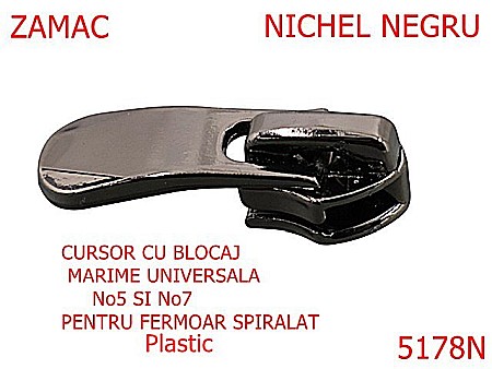 Cursori fermoar plastic - 5178N/Cursor Universal 5-7 Cu Blocaj Pentru Fermoar Spiralat-No5-7--zamac--nichel negru-----