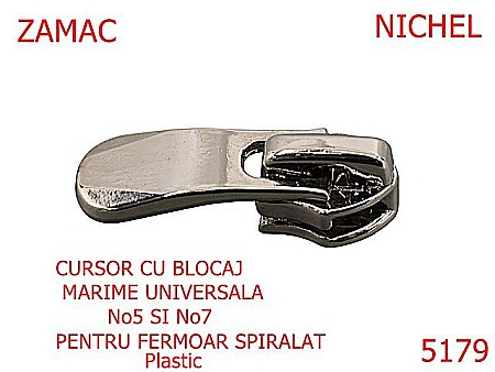 Cursori fermoar plastic - 5179/Cursor Universal 5-7 Cu Blocaj Pentru Fermoar Spiralat-No5-7--zamac--nichel-----