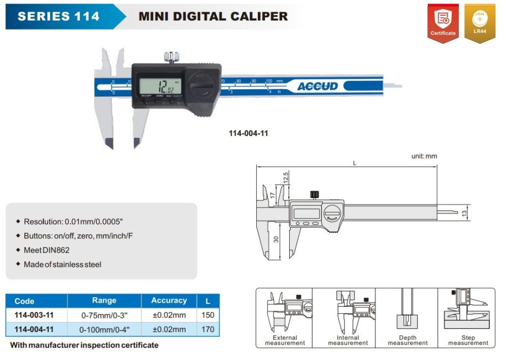 Subler digital mini ACCUD 0-75mm, rezolutie 0.01mm, precizie +/-0.02mm, inox [2]