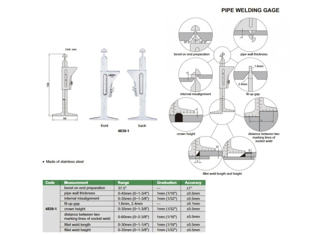 Calibru liniar sudura INSIZE 0–35mm, gradatie 1mm, precizie +/-0,5mm, otel inoxidabil [2]